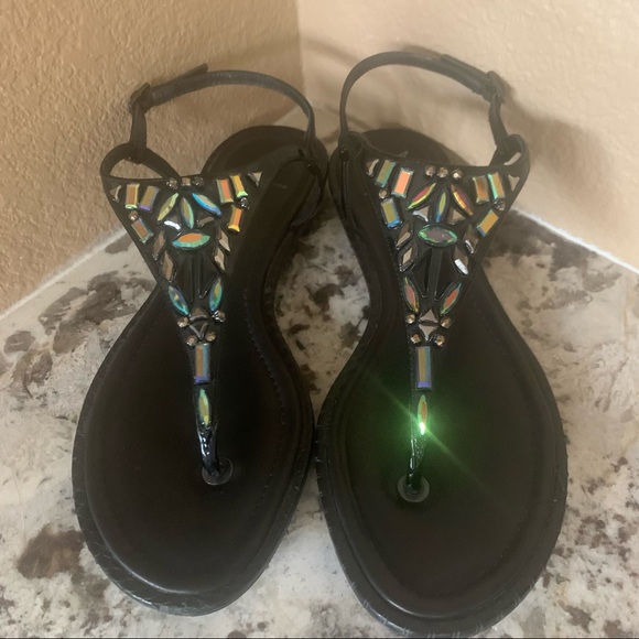 B Brian Atwood Leather Crystal Embellishments T-Strap Sandals - Picture 6 of 6